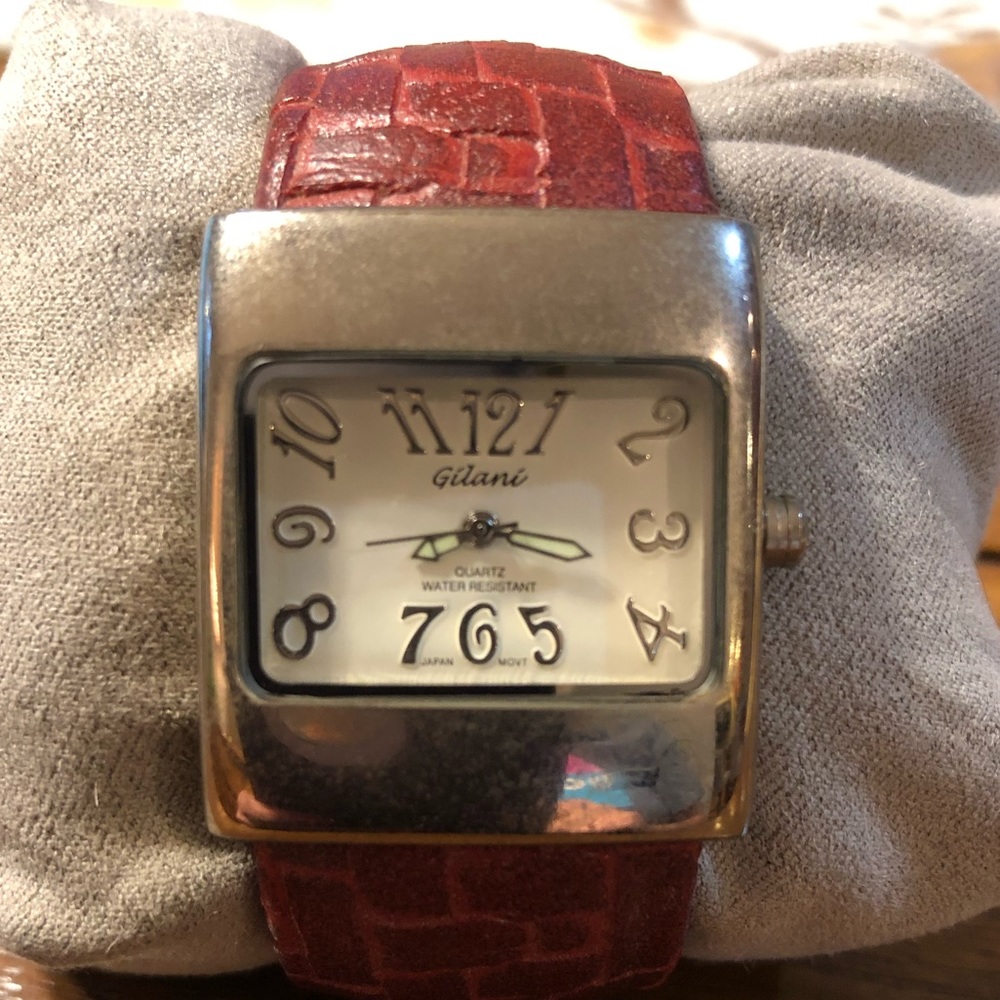 Gilani silver tone and leather cuff style watch